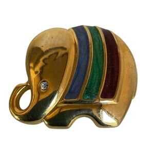 Vintage Gold Tone Elephant Brooch Enamel Rhinestone Pin Costume Jewelry GoodLuck